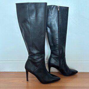 Franco Sarto knee-high black leather stiletto boots, size 7.5